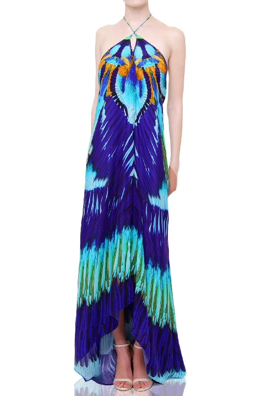 Feather Print Long Blue Dress Formal Tunics Practical easy-care