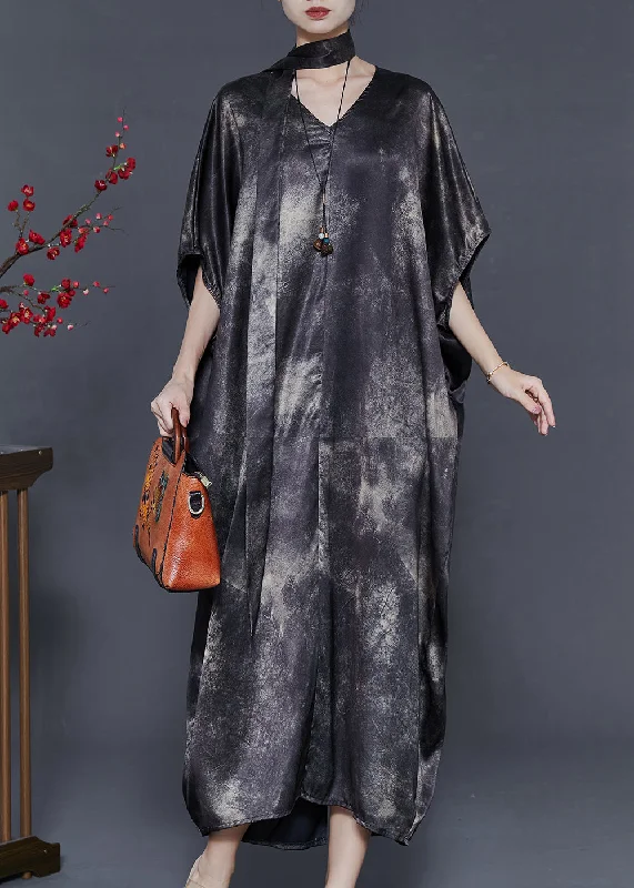 Fine Black Oversized Tie Dye Silk Dresses Batwing Sleeve Tunics Spring floral