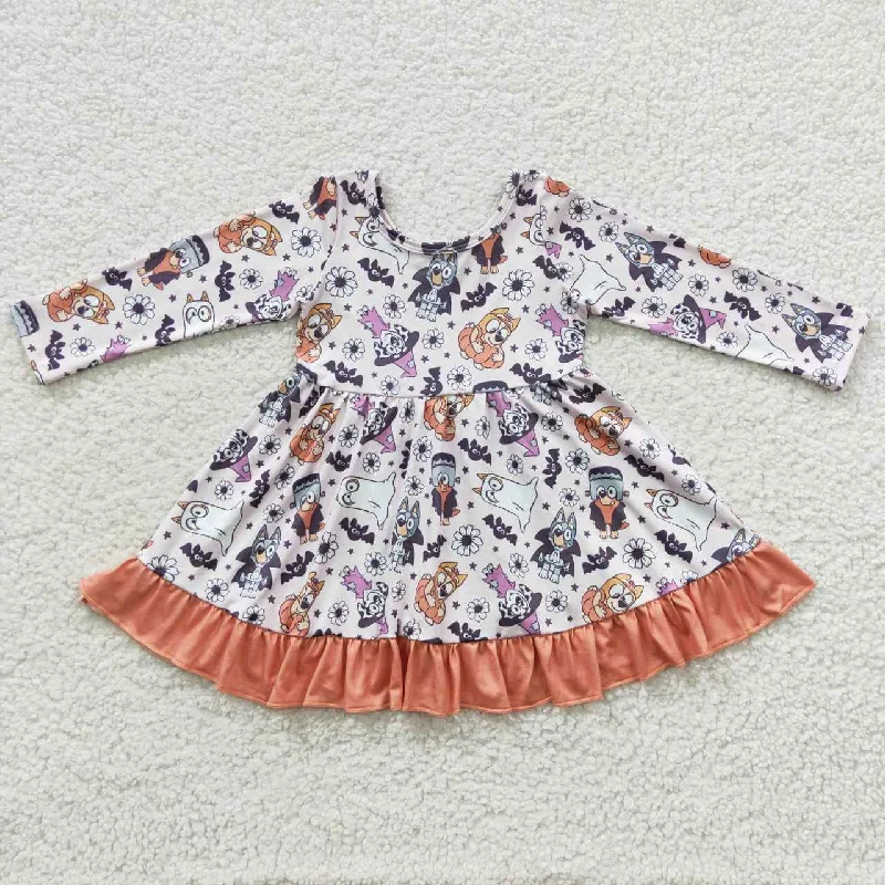Floral cartoon dog toddler girls fall dress Tunics Denim casual