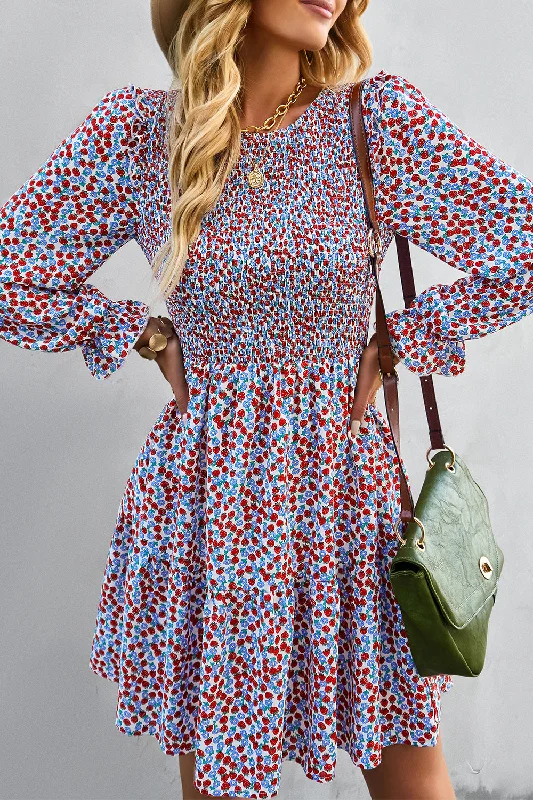 Smocked Floral Short Dress Tunics Long Elegant