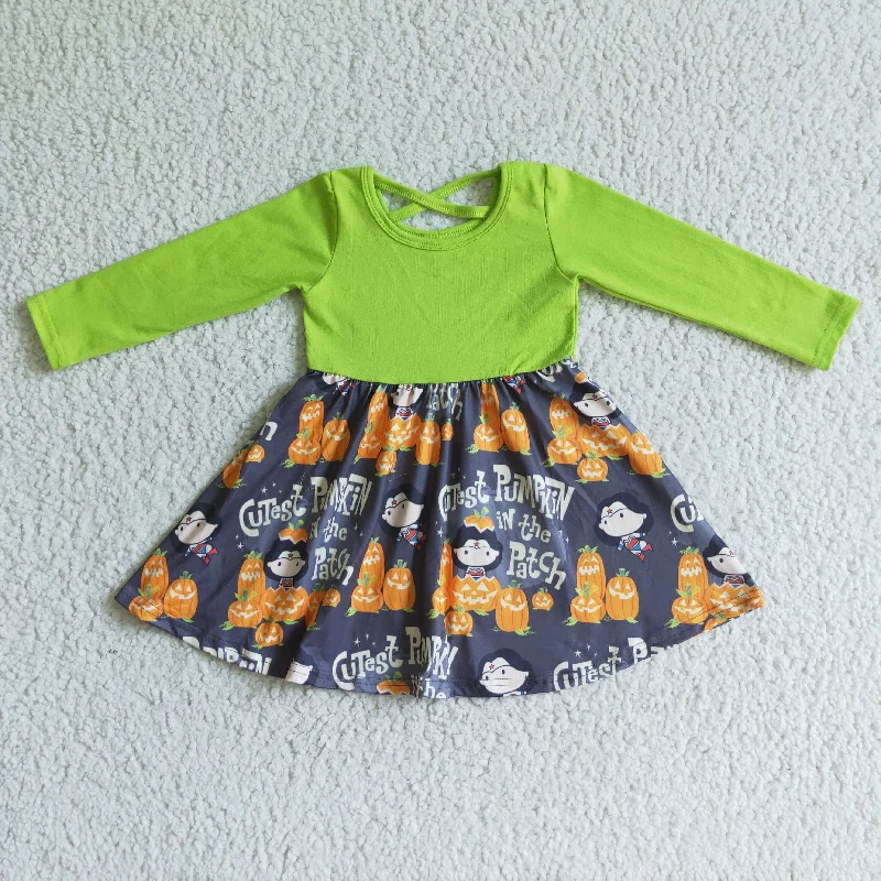 Fluorescent Green Pumpkin Print Baby Girls Twirl Dress Tunics Fashionable chic