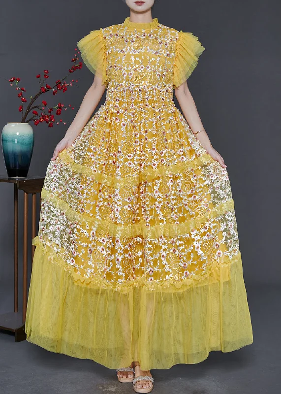 French Yellow Embroidered Patchwork Tulle Holiday Dress Summer Tunics Business professional