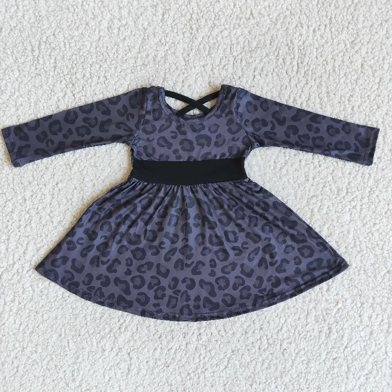 Girl Black Leopard Long Sleeve Twirl Dress Tunics Floral girly