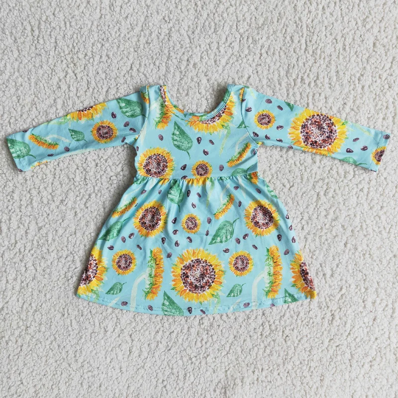 Girl Blue Sunflowers Long Sleeve Dress Tunics Distressed trendy