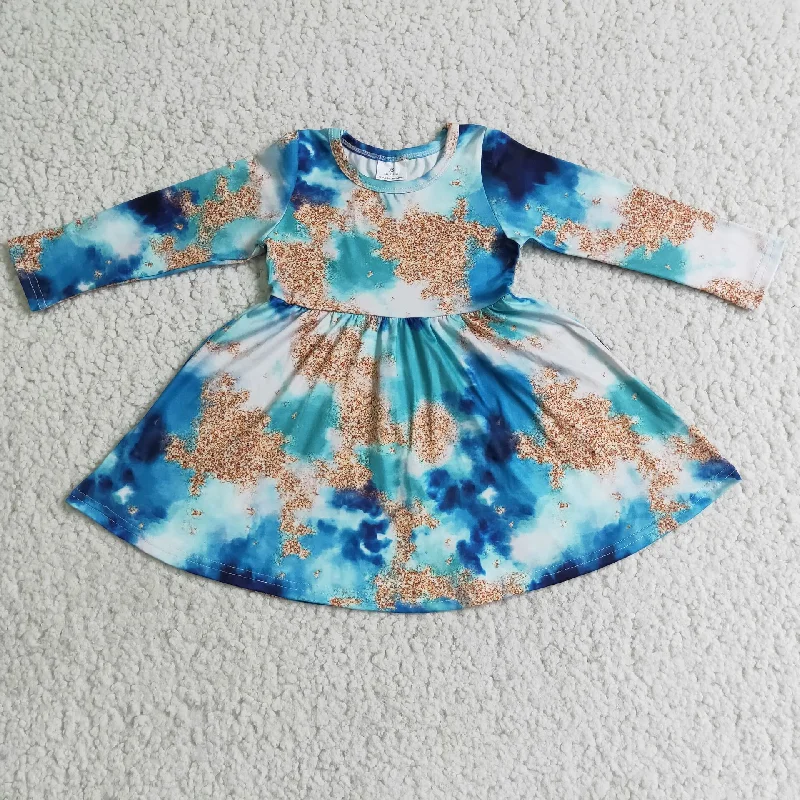 Girl Blue Tie Dye Long Sleeve Twirl Dress Tunics Versatile stylish