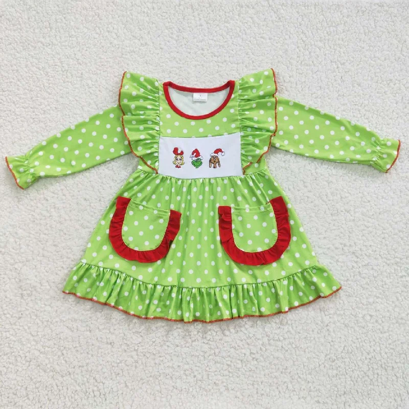 Girl christmas green dotted embroidery long sleeve flutter dress Tunics Mesh breathable