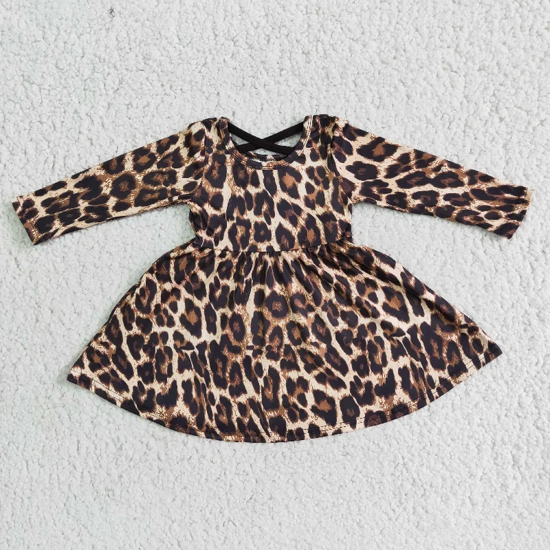 Girl Leopard Long Sleeve Twirl Dress Tunics Summer linen