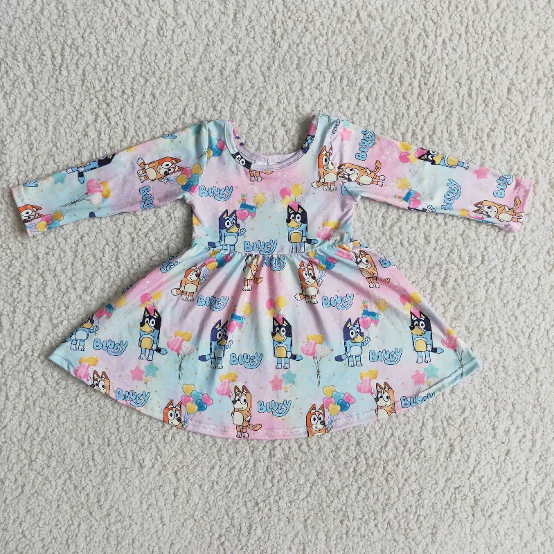 Girl Rainbow Dog Cartoon Long Sleeve Twirl Dresses Tunics Leisure comfortable