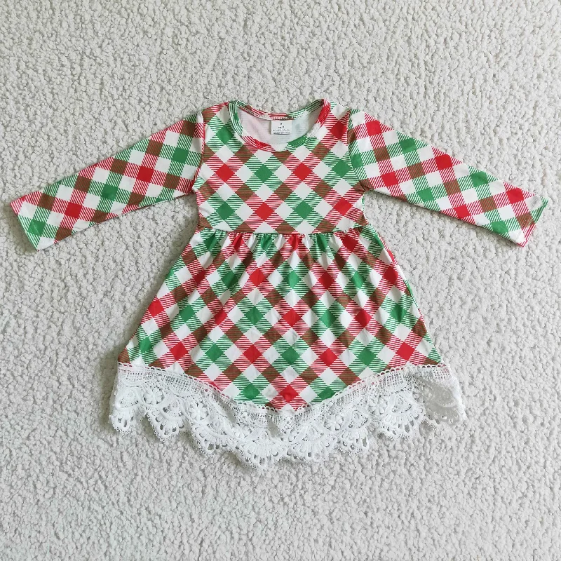 Girl Red&Green Plaid Long Sleeve Lace Dress Tunics Short Trendy