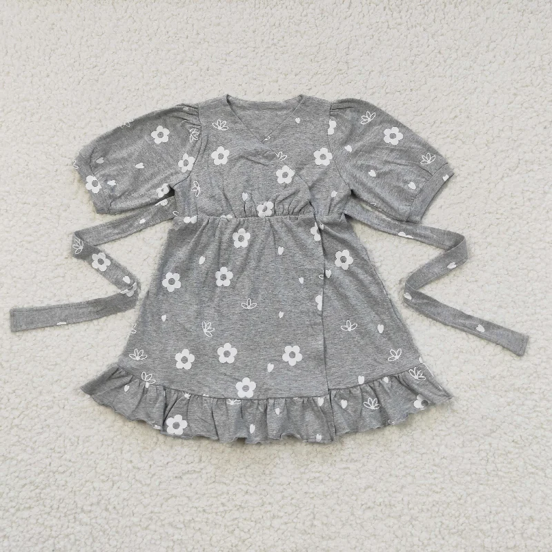 Girls floral cotton gray belt dress Elegant Long Evening