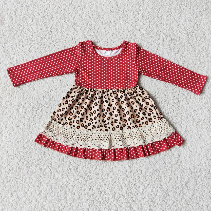 6 A11-18 Girls Leopard Dot Lace Dress Tunics Chic fashionable