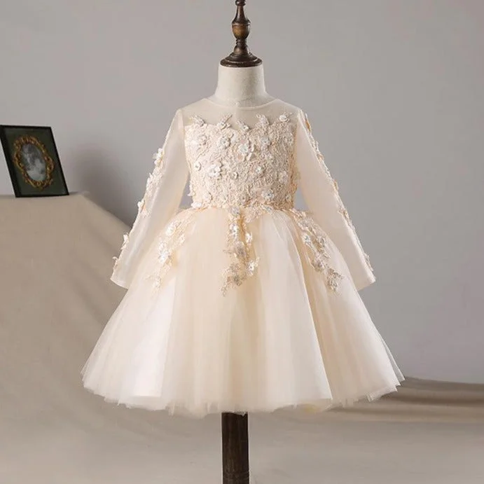 Girls Pageant Dresses Baby Girl Long Sleeve Embroidered Puffy Formal Princess Dress Crew Neckline Casual