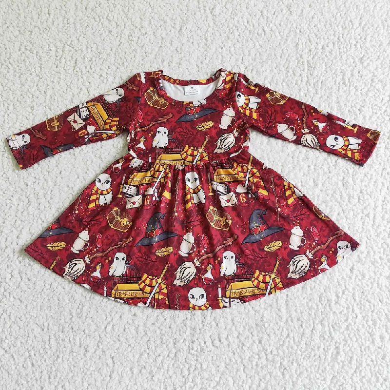 6 A6-4 Girls Red Cartoon Dress Boat Neckline Classic