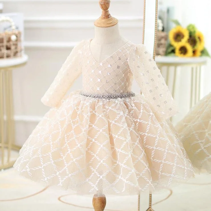 Toddler ball Gowns Girl Long Sleeve Sequin Back Hollow Bead Formal Princess Dress Tunics Evening elegant