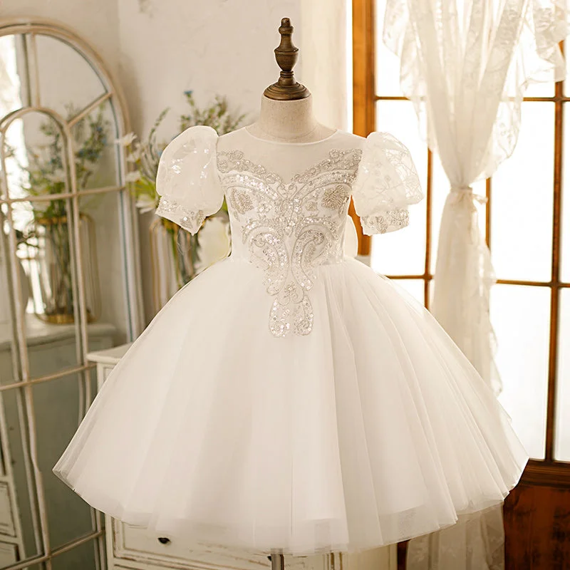 Flower Girl Dress Toddler  Birthday Party Summer Sequins White Baptism Dress Tunics Running lightweight