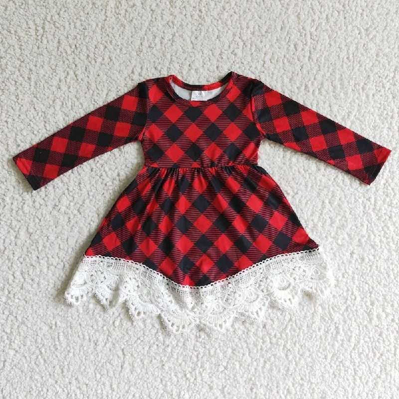 GLD0024 Christmas Girl Red Black Plaid Lace Long Sleeve Dress Tunics Review highly