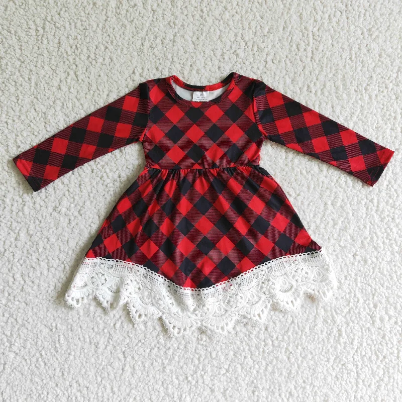 GLD0024 girls clothing red and black plaid button long sleeve dress Tunics Chic elegant