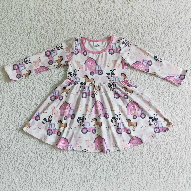 GLD0030 Pink Cow Horses Pig Farm Cartoon Girls Long Sleeve Dresses Tunics Handmade artisanal