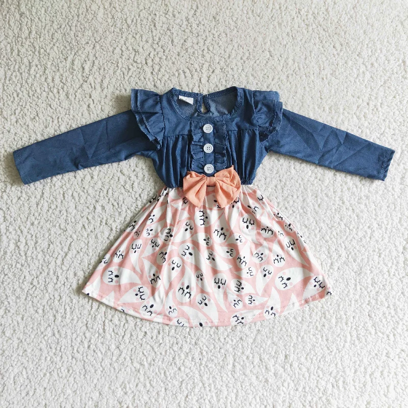 GLD0044 baby clothing long sleeve cartoon print halloween kids dresses for girls milk silk Tunics Luxurious high-end