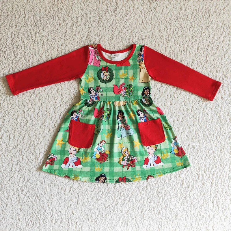 GLD0048 Christmas Red Green Princess Cartoon Pockets Girls Long Sleeve Dresses Tunics Versatile all-occasion
