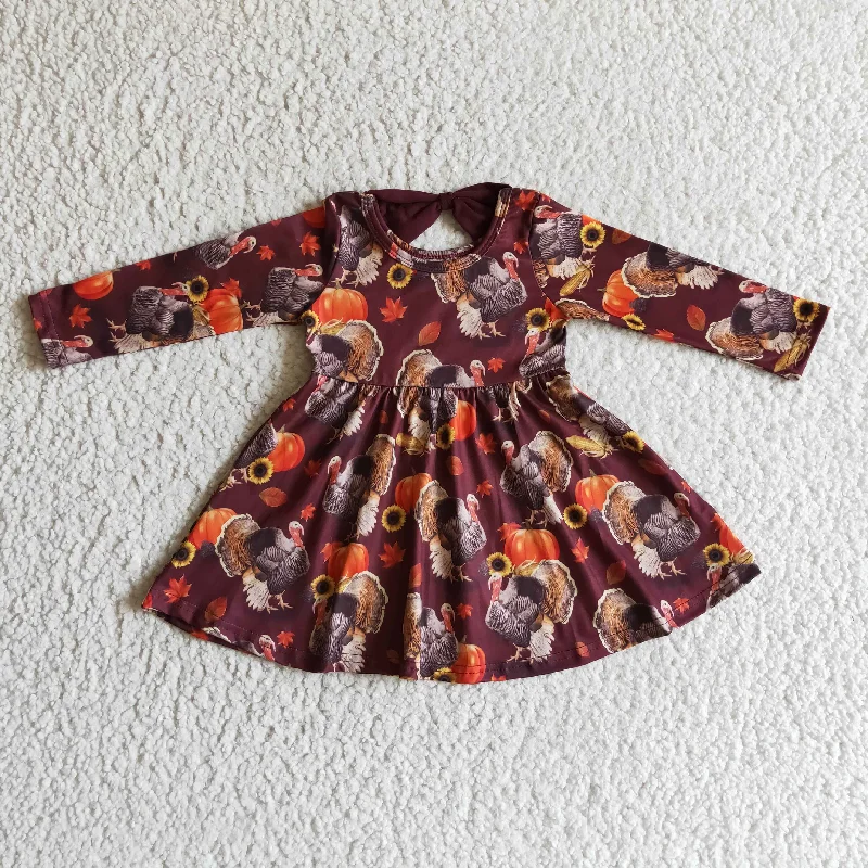 GLD0053 Halloween Thanksgiving Turkey Pumpkin Red Orange Girls Long Sleeve Dresses Tunics Denim casual