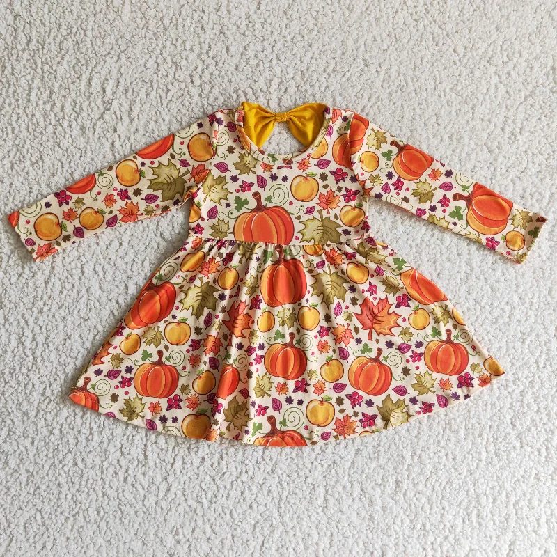 GLD0055 Halloween Pumpkin Yellow Leaf Leaves Girls Long Sleeve Dresses Tunics Evening elegant