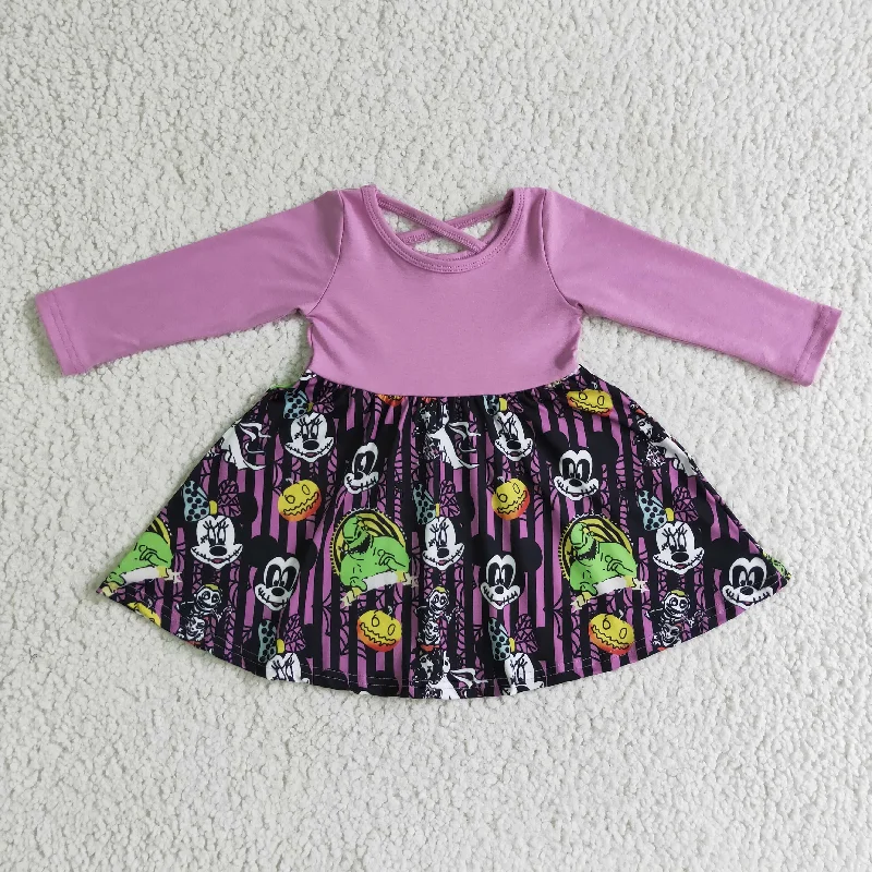 GLD0059 Halloween Pumpkin Purple M Cartoon Girls Long Sleeve Dresses Casual Short Summer