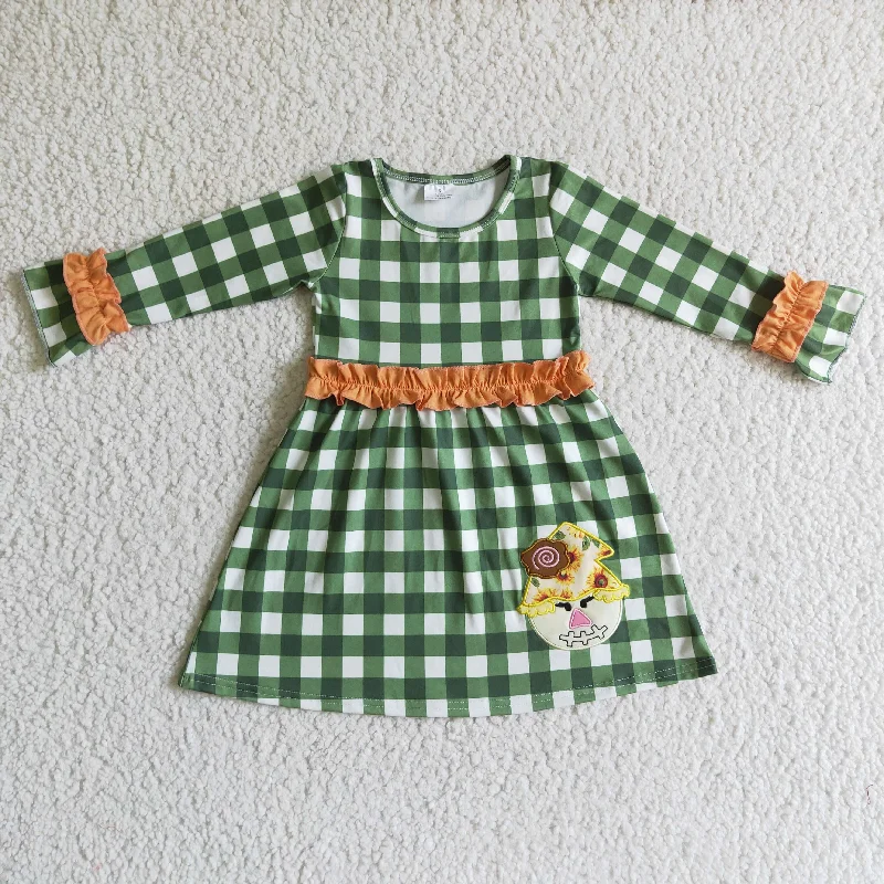 GLD0067 Orange Green Plaid Scarecrow Embroidery Girls Long Sleeve Dresses Tunics Vintage classic