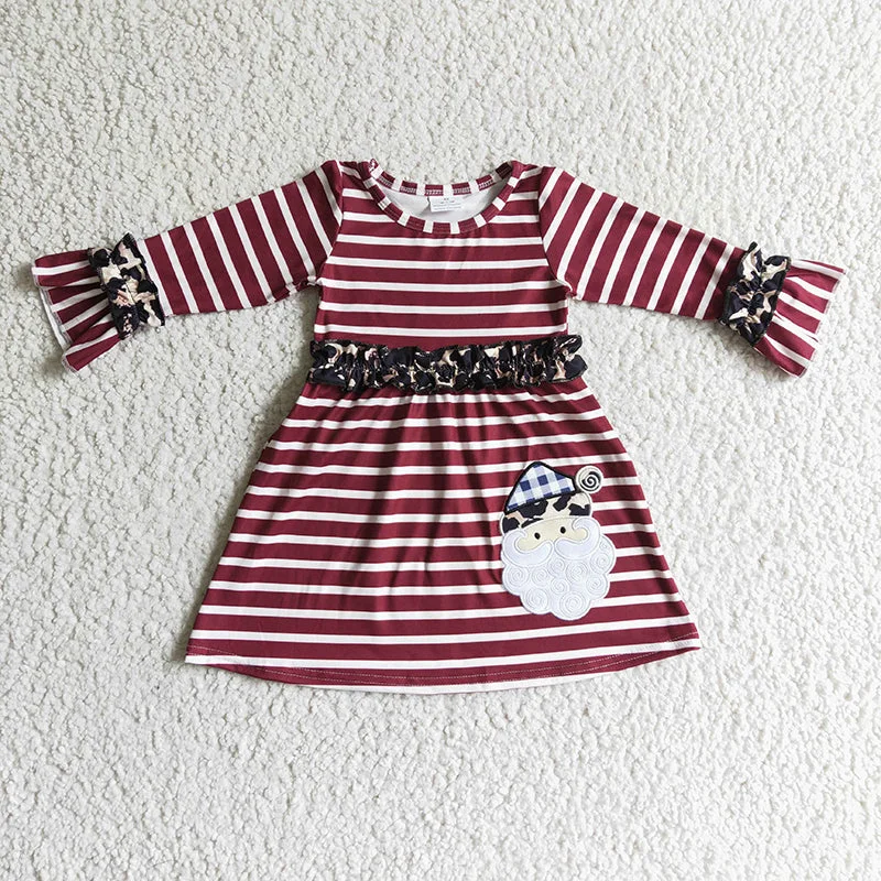 GLD0071 Baby Girl Christmas Santa Embroidery Leopard Striped Twirl Dress Turtleneck Neckline Stylish