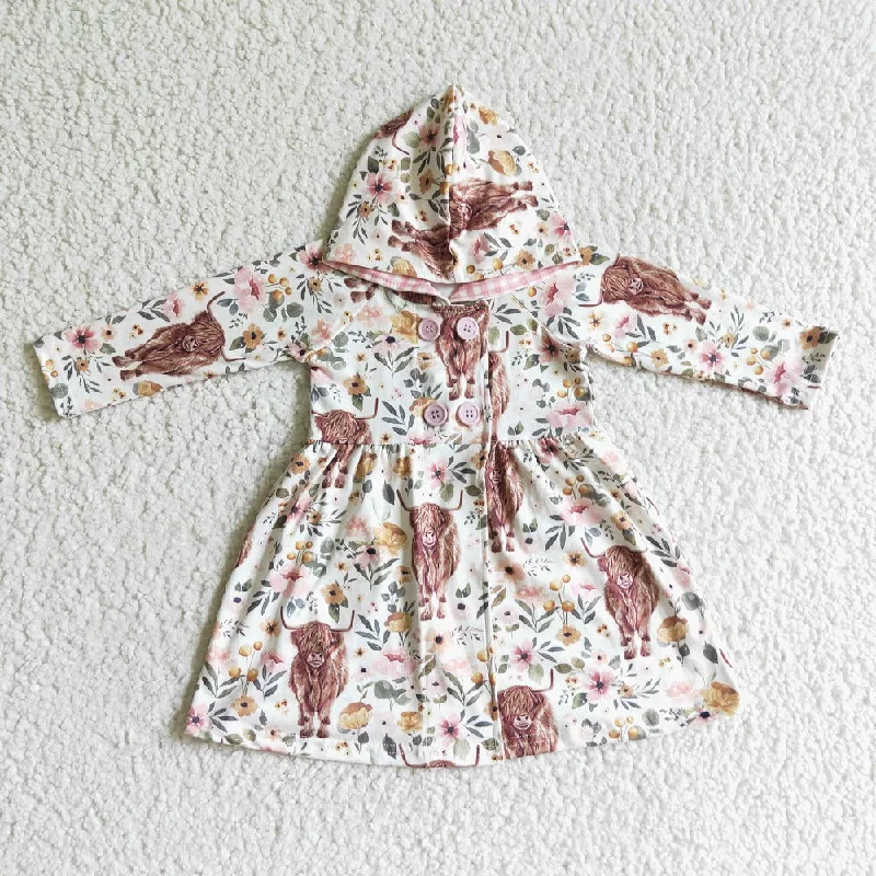 GLD0082 Girl Highland Cow Hooded Dress Tunics Cozy soft