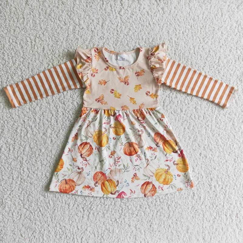 GLD0085 Halloween Orange Pumpkin Stripes Girls Long Sleeve Dresses A-Line Day Work