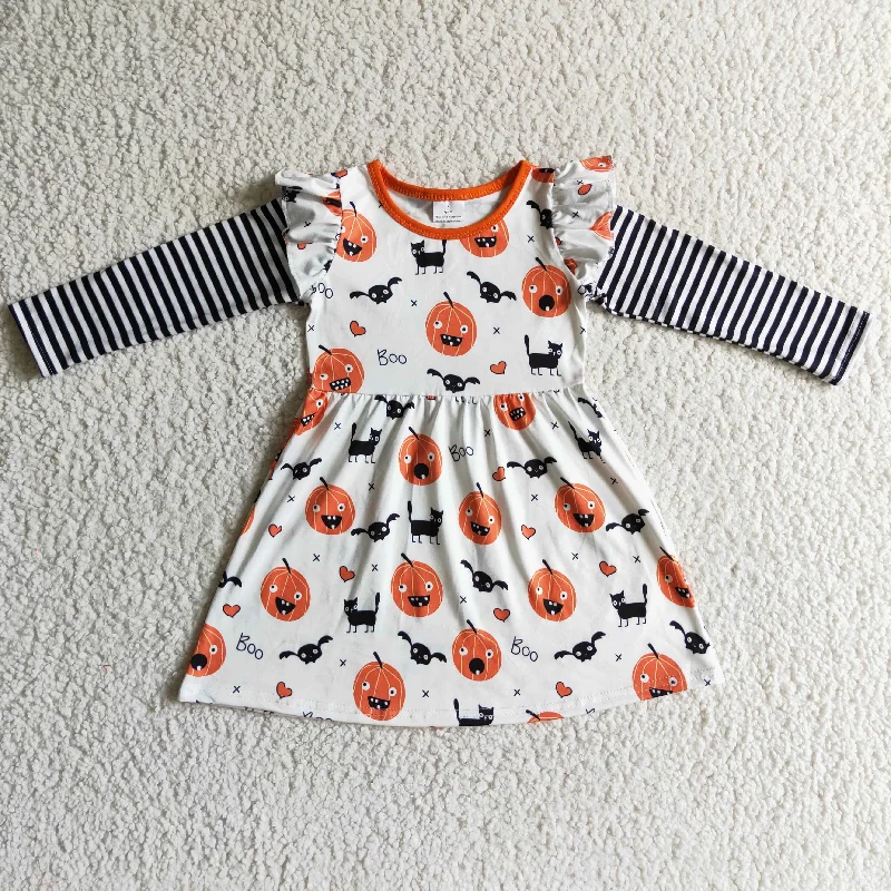 GLD0094 Halloween Orange Pumpkin Bat Cat Cartoon Black Stripes Girls Long Sleeve Dresses Tunics Formal black
