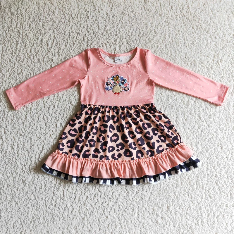 GLD0095 Thanksgiving Turkey Pink Leopard Embroidery Girls Long Sleeve Dresses Tunics Exclusive limited
