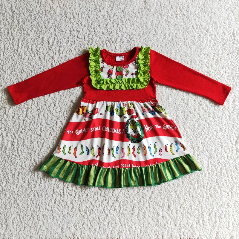 GLD0097 Christmas Red Green Cartoon Santa Ruffles Girls Long Sleeve Dresses Tunics Sophisticated sleek