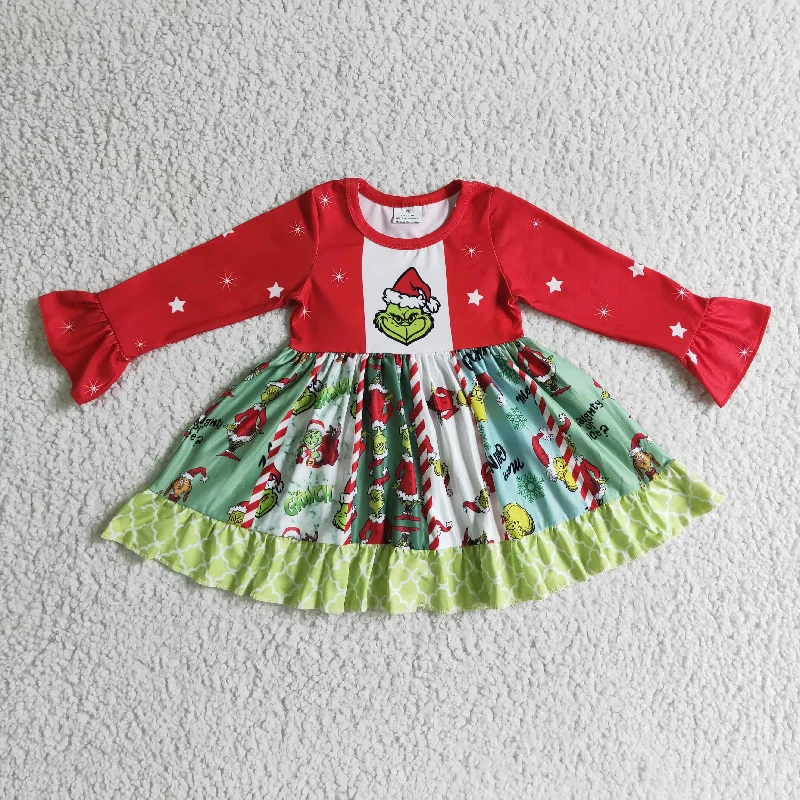 GLD0099 Christmas Red Green Cartoon Start Santa Patchwork Girls Long Sleeve Dresses Tunics Practical durable