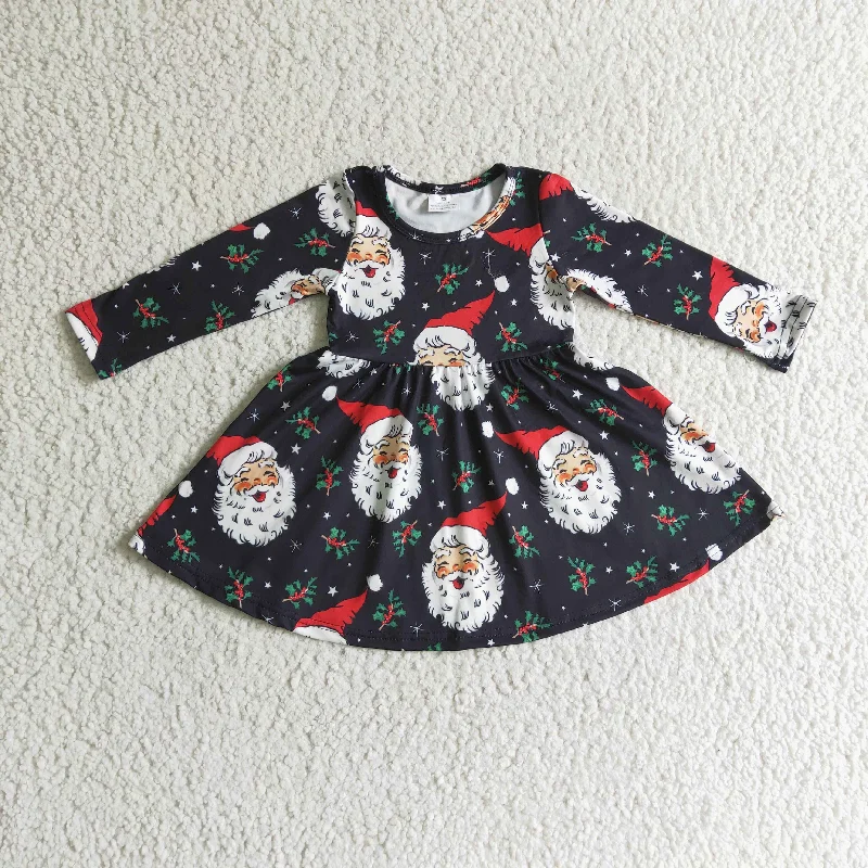 GLD0102 Christmas Santa Red Green Tree Black Girls Long Sleeve Dresses Tunic Top Casual