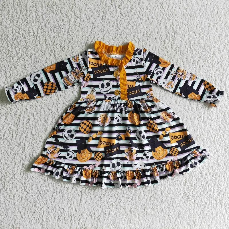 GLD0104 Halloween Pumpkin Snake Cat Orange Black Stripes Ghost Cartoon Collar Girls Long Sleeve Dresses Tunics Chinos classic