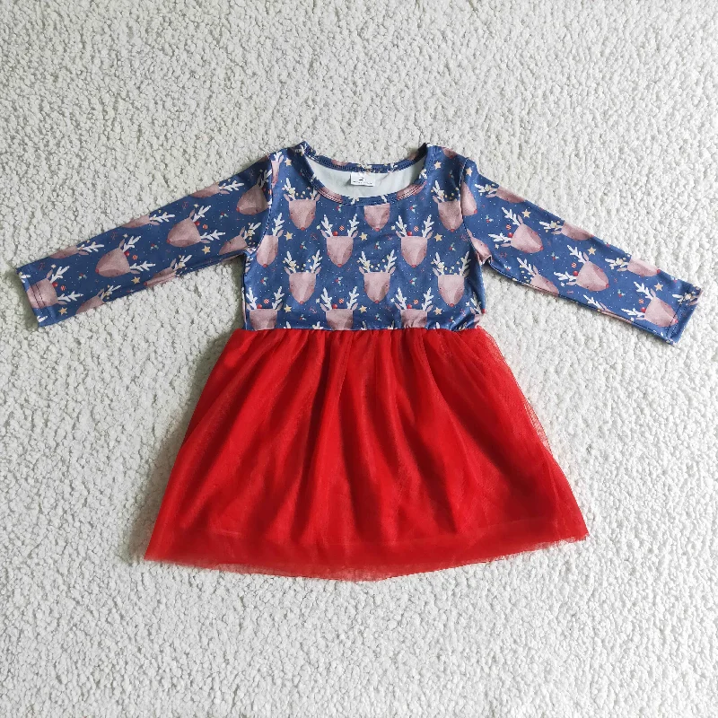 GLD0106 Christmas Deer Blue Red Tulle Tutu Girls Long Sleeve Dresses Tunics Vintage classic
