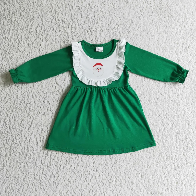 GLD0108 Christmas Santa Green White Ruffles Girls Long Sleeve Dresses Tunics Review highly