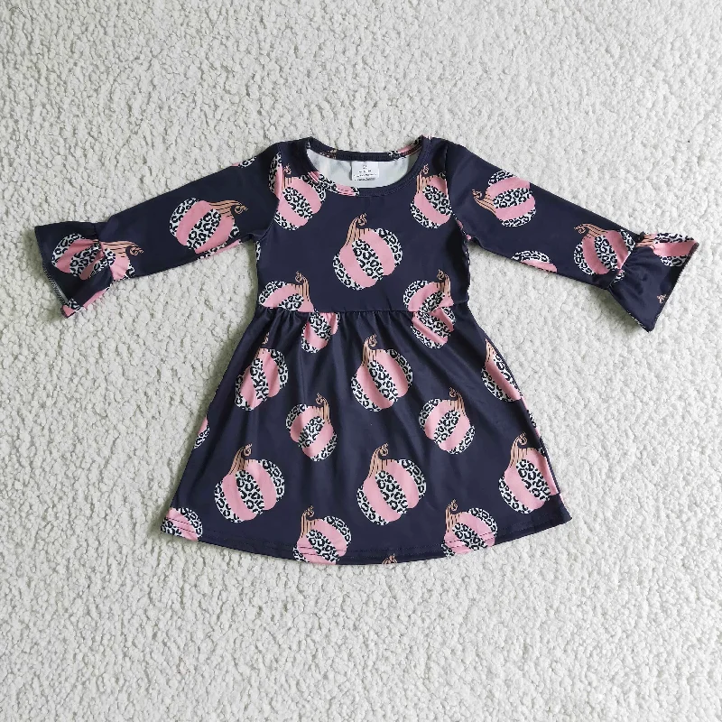 GLD0113 Halloween Pumpkin Leopard Pink Black Girls Long Sleeve Dresses Tunics Leisure comfortable