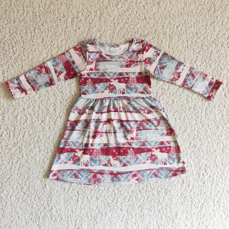 GLD0116 Christmas Green Red Deer  Girls Long Sleeve Dresses Tunics Exclusive limited