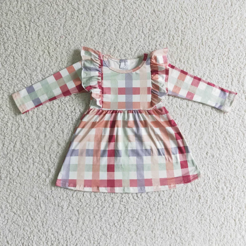 GLD0117 baby clothing colorful lattice long sleeve kids dresses for girls milk silk Tunics Trousers formal