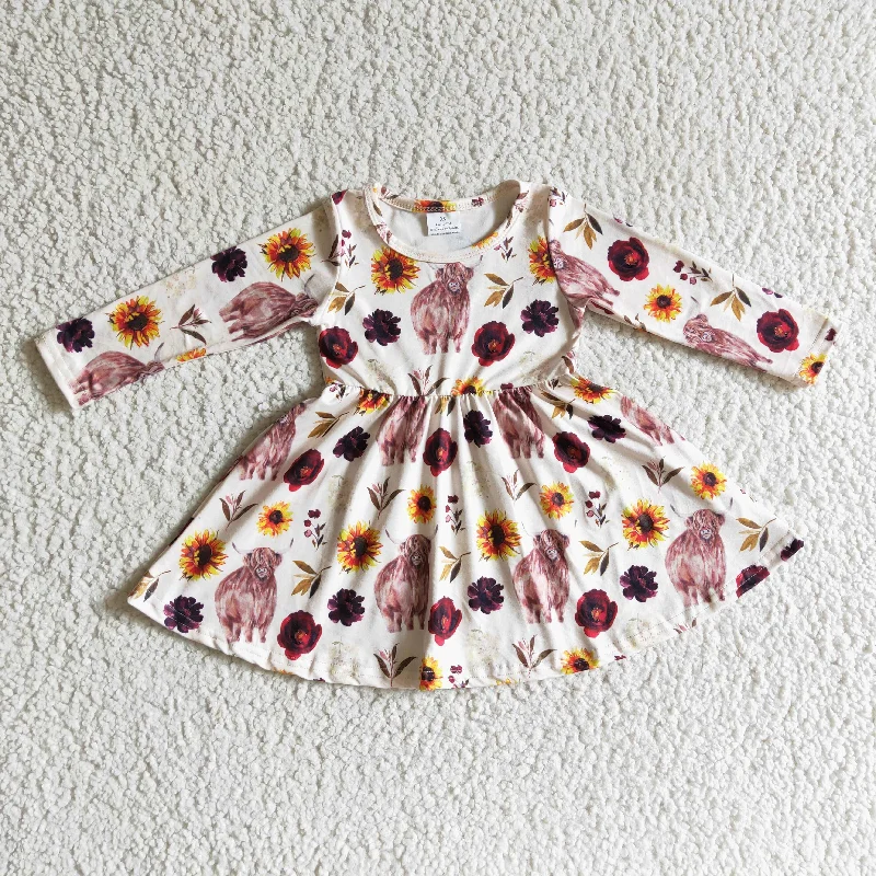 GLD0118 Sunflower Highland Cow Floral Girls Long Sleeve Dresses Tunics Bridal satin