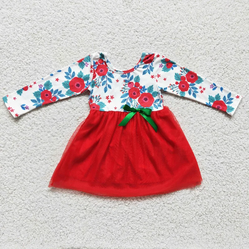 GLD0120 Christmas Red Green Floral Flower Rose Tulle Tutu Girls Long Sleeve Dresses Tunics Recommended stylist