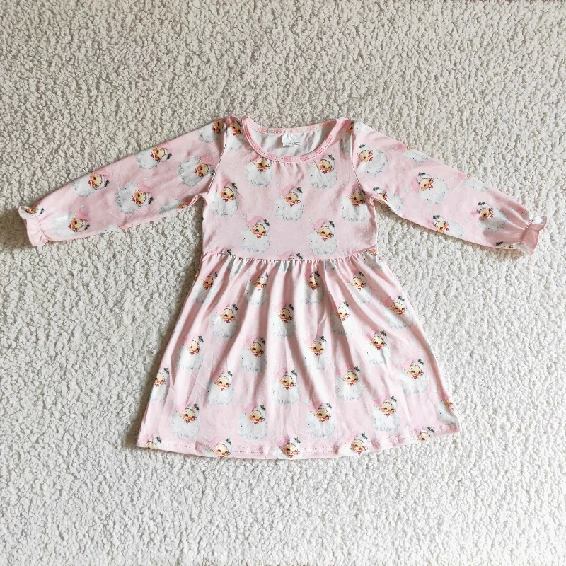 GLD0123 Christmas Pink Dots Santa Girls Long Sleeve Dresses Tunics Polka dots