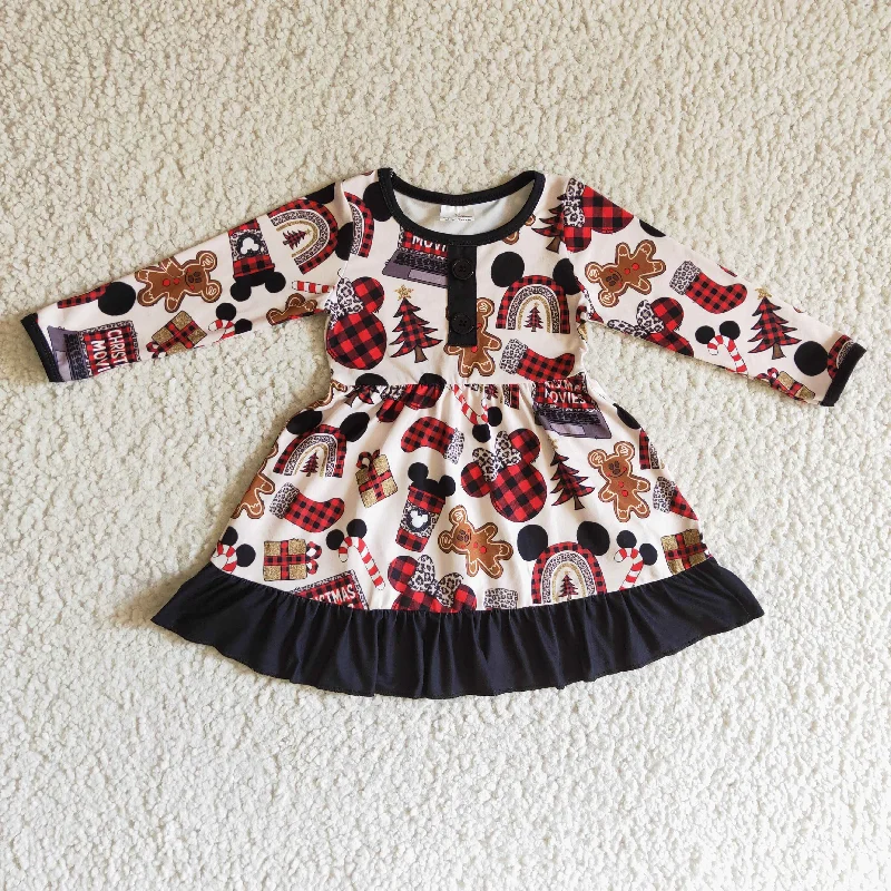 GLD0124 Christmas Movies M Cartoon Red Black Girls Long Sleeve Dresses Tunics Practical durable