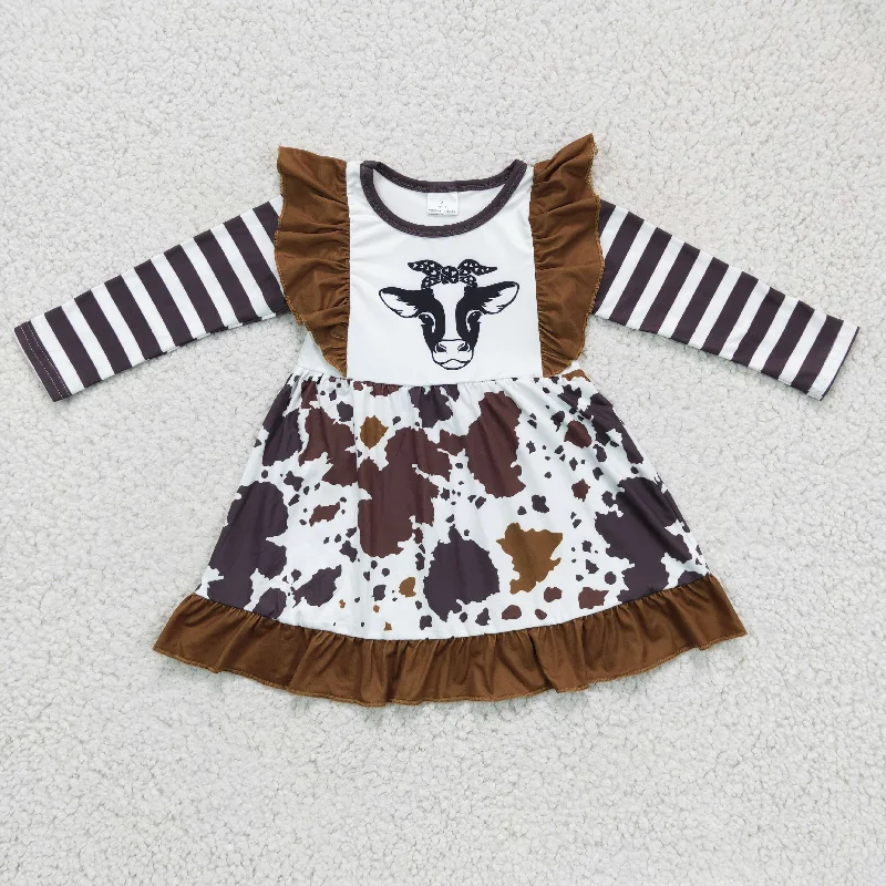 GLD0126 Black Brown Stripes Cow Print Ruffles Girls Long Sleeve Dresses Tunics Occasion special