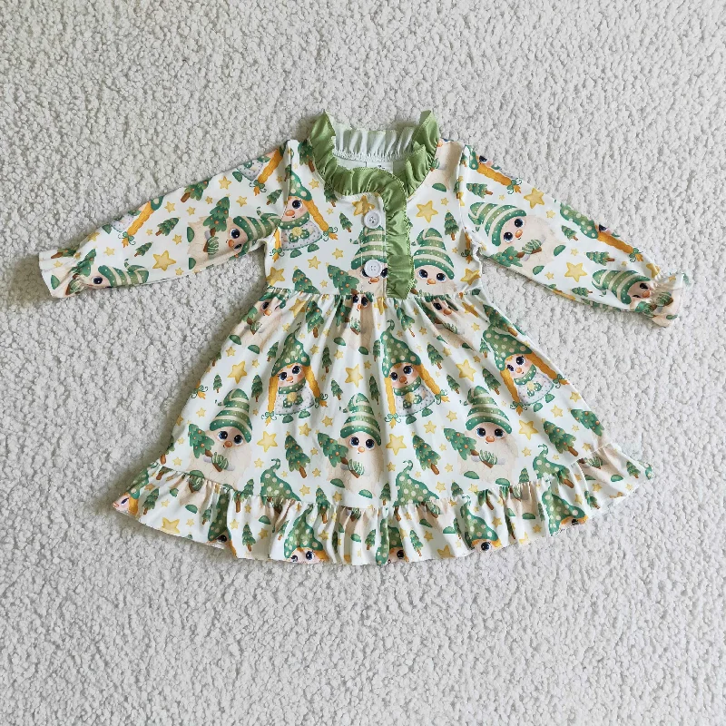 GLD0130 Christmas Green Santa Cartoon Collar Girls Long Sleeve Dresses Boatneck Modish Everyday