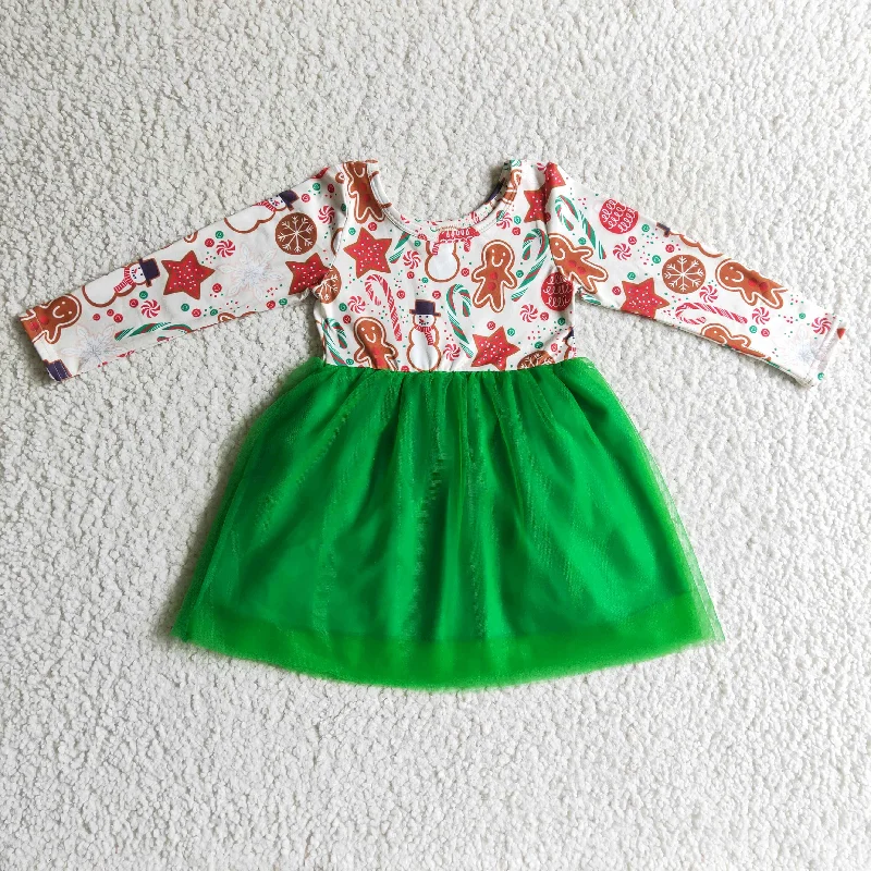 GLD0133 Christmas Red Green Gingerbread Cake Tree Snowman Tulle Tutu Girls Long Sleeve Dresses Tunics Yoga stretchy
