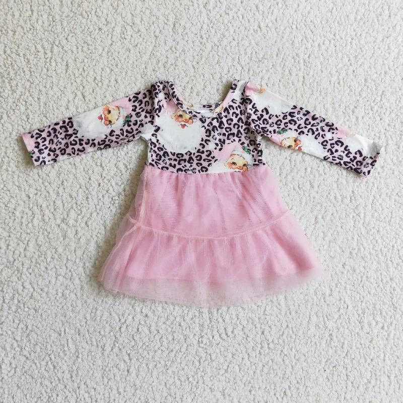 GLD0134 Christmas Santa Pink Leopard Tulle Tutu Girls Long Sleeve Dresses Tunics Satin smooth